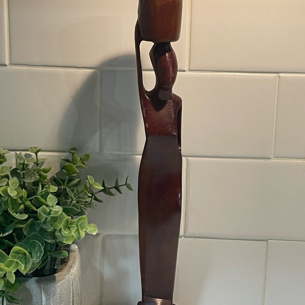 Vintage Ebony Wood Carved African Woman Pot Carrier Statue